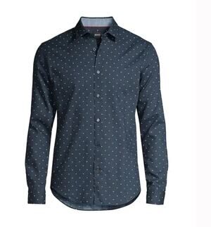 Hugo BOSS Men's Ronni Navy Blue Patterned Slim Fit Button Down Shirt Medium M